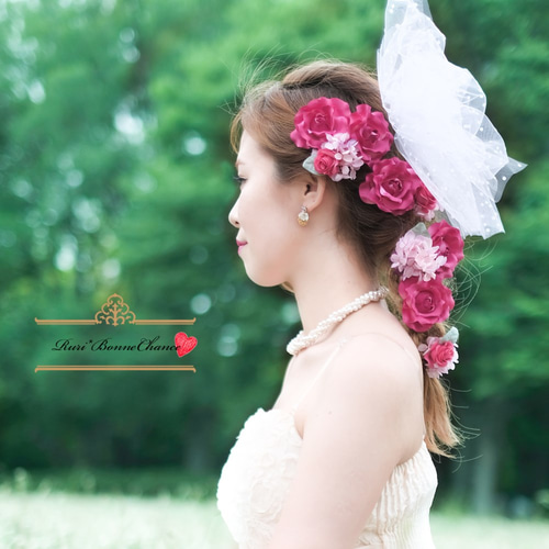 ローズ＆チュールリボンヘッドドレス〜 ウェディング 結婚式 ドレス 髪 