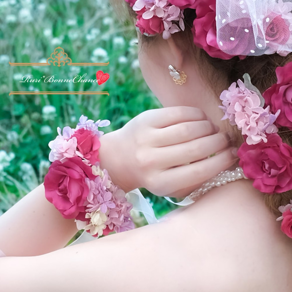 ～ローズのフラワーリストレット～　ウェディング 結婚式 ドレス 髪飾り 花飾り 浴衣 振袖 前撮り リストレット 1枚目の画像