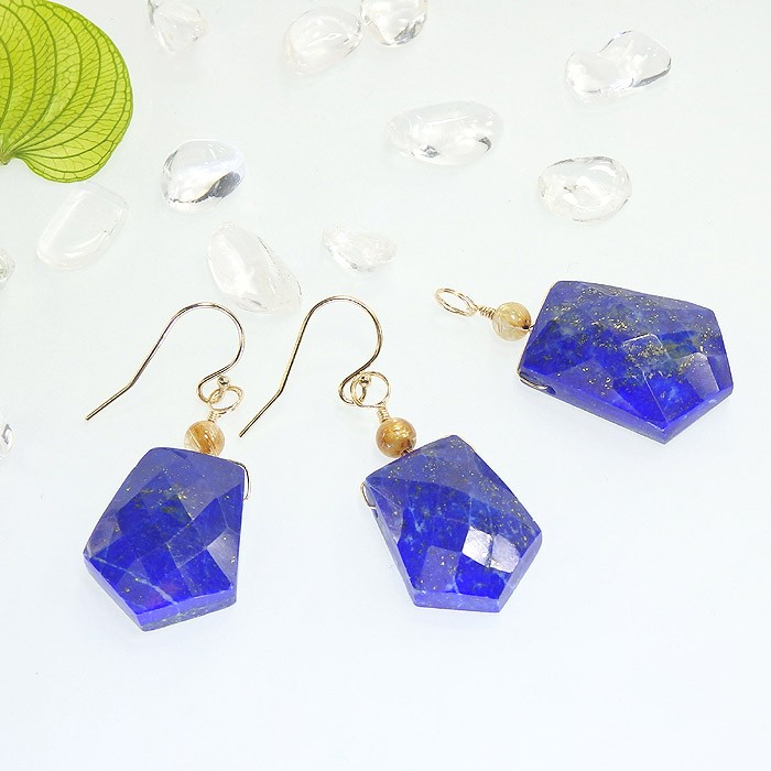一点物　～鮮やかな青～　ラピスとルチルクォーツのペンダントトップ＆ピアス　set