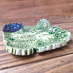【2019年新作】インドのウッドブロック模様のお皿（緑) 3枚目の画像