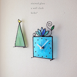 【売約済】掛け置き時計・ステンドグラス・水色のガーデン 2枚目の画像