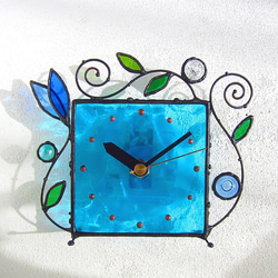 ステンドグラス*掛け＆置き時計・水色のアラベスク 1枚目の画像