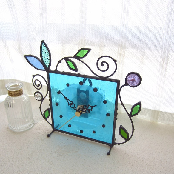 ステンドグラス*掛け＆置き時計・水色のアラベスク-5 5枚目の画像