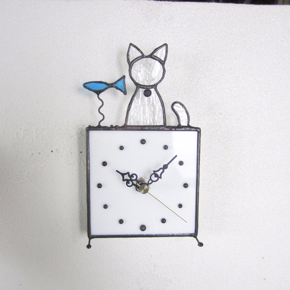 ステンドグラス*掛け＆置き時計・猫と魚03 2枚目の画像