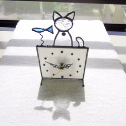ステンドグラス*掛け＆置き時計・猫と魚03 3枚目の画像