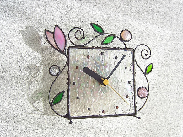 ステンドグラス*掛け＆置き時計・アラベスク・オーロラピンク2 3枚目の画像