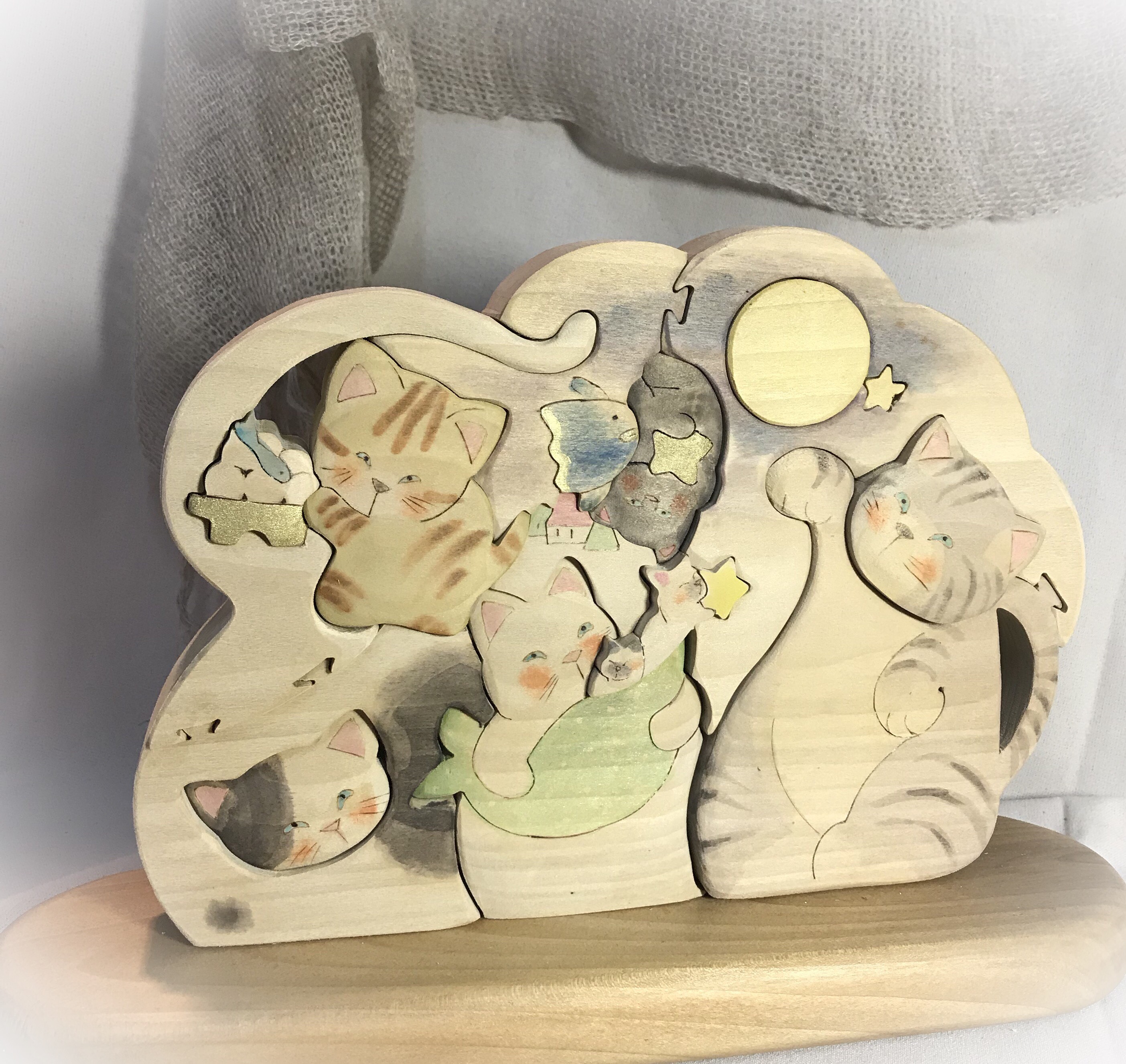 お月夜〜猫の夜会1  ほのぼの木工置物#こねこ お星さまとれた