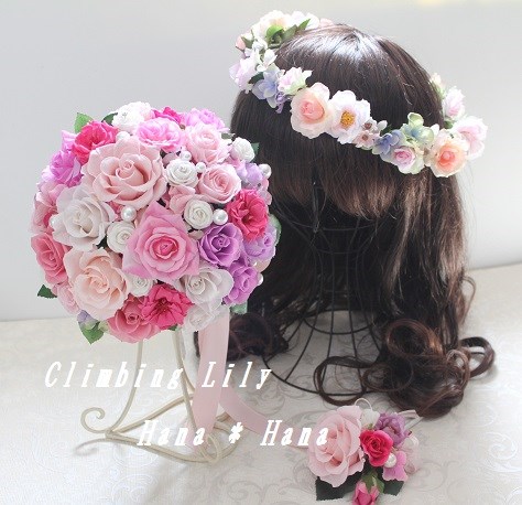 ウェディングブーケ、ブートニア、花冠　セット　プリザと造花タイプ　オーダーOK