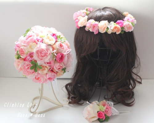 ウェディングブーケ、ブートニア、花冠 色変更OK 造花 3点セット