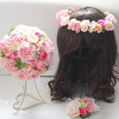 ウェディングブーケ、ブートニア、花冠 色変更OK 造花 3点セット