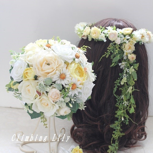 青と白のブライダルブーケ・ブートニア・花冠(アーティフィシャルフラワー)