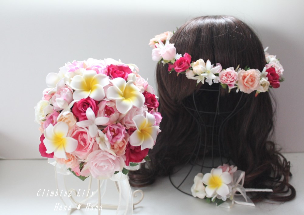 プルメリア　ウェディングブーケ、ブートニア、髪飾り　造花　 色変更ＯＫ ３点セット