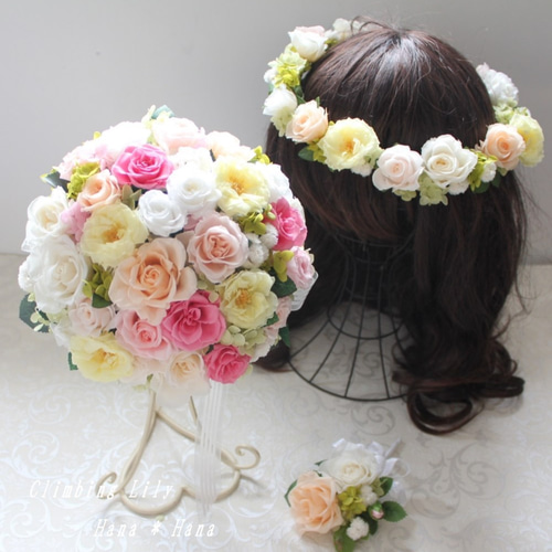 全てプリザ ウェディングブーケ、ブートニア、花冠 3点セット ブーケ  