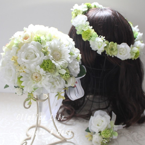 ウェディングブーケ、ブートニア、花冠 色変更OK 造花 3点セット 白  
