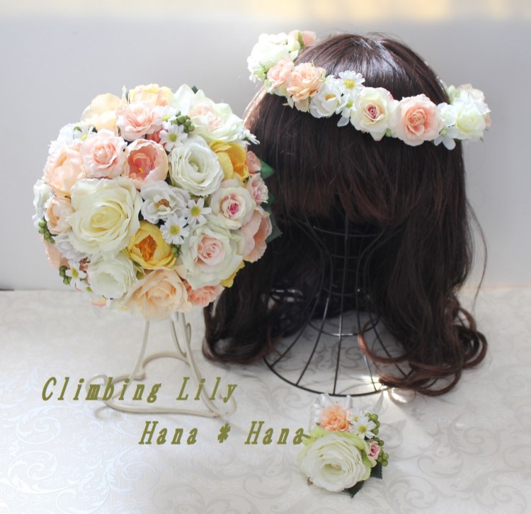 ウェディングブーケ、ブートニア、花冠　 色変更ＯＫ　造花　３点セット