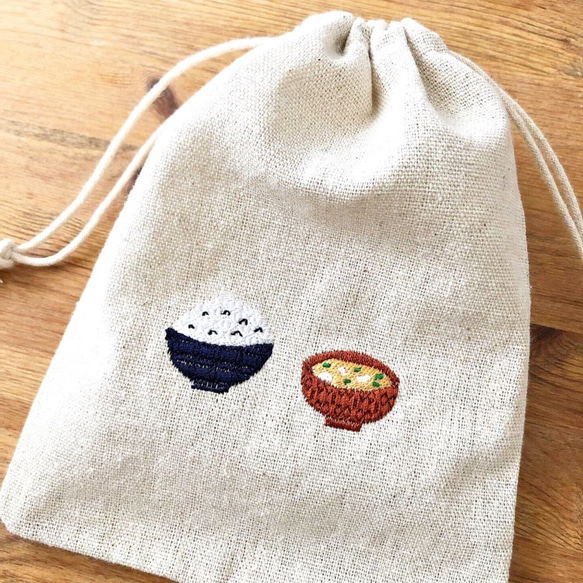 刺繍入り巾着袋　「ごはんとお味噌汁」 2枚目の画像