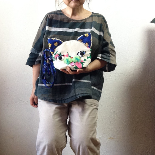 布バスケットセットプリーツポーチ猫柄ハンドメイドレア生地ポーチ