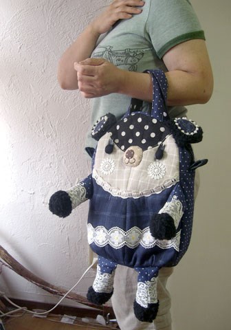 くまボストンＢＡＧ　（紺格子柄リネン＋レース）