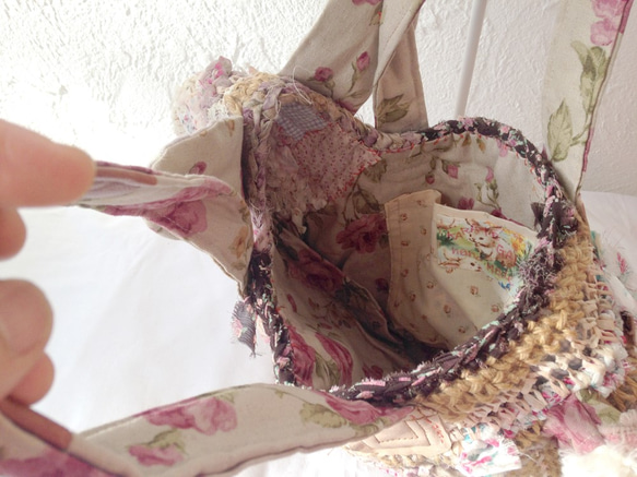 うさぎかご（さき布と麻糸とお花柄） 6枚目の画像