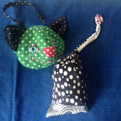 クリーマ限定　夏の福袋　水玉エコBAG+atama猫ポーチ緑水玉柄+巾着袋3点セット 10枚目の画像