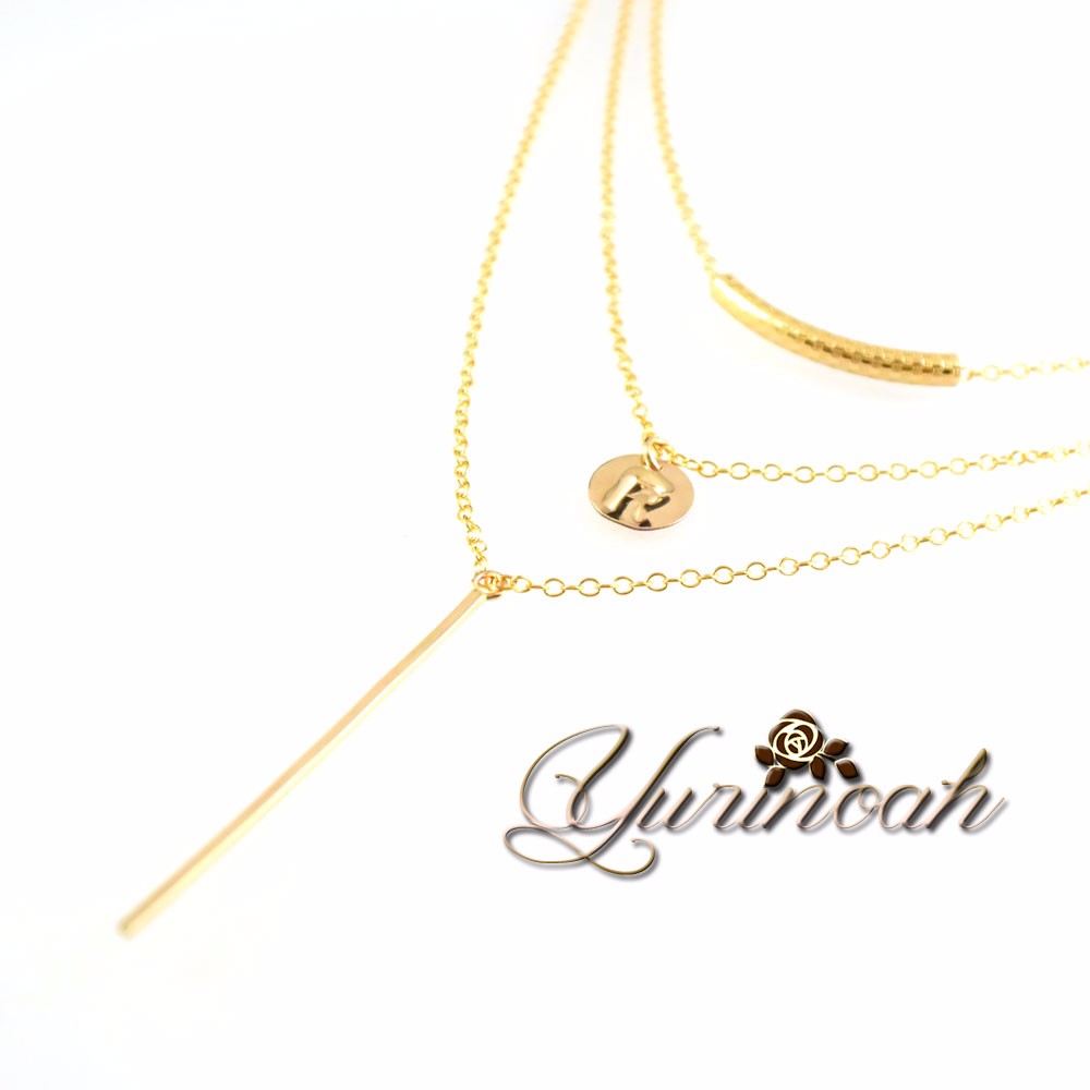 14KGF■イニシャルコイン＆チューブトップ＆ラインスティック ネックレス[ yrna-ne-019]