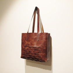 hand stitch + lattice pattern leather  tote bag 1枚目の画像