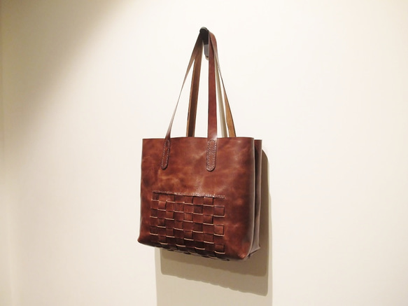 hand stitch + lattice pattern leather  tote bag 1枚目の画像