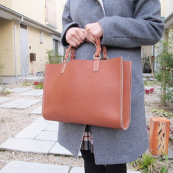 hand stitch + knitting straps umber leather tote bag 2枚目の画像