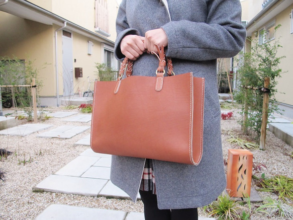 hand stitch + knitting straps umber leather tote bag 2枚目の画像