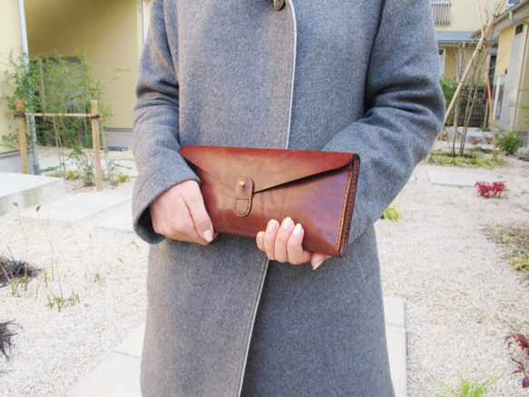 hand stitch + antique brown leather clutch bag 5枚目の画像