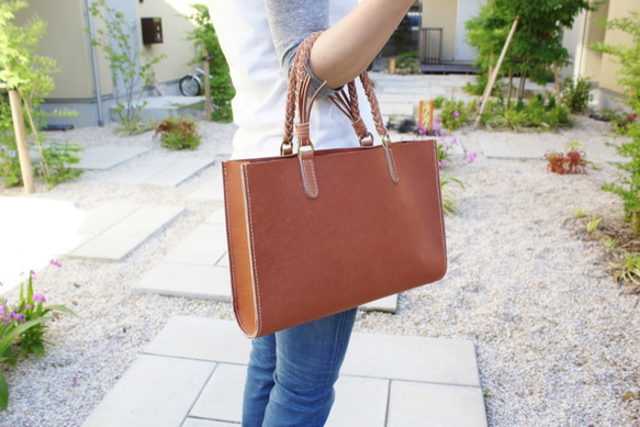 hand stitch + knitting straps umber leather tote bag 3枚目の画像