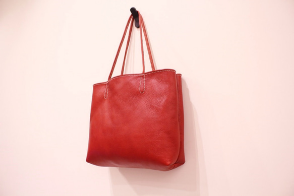 hand stitch + red leather tote bag 1枚目の画像
