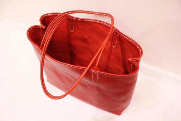 hand stitch + red leather tote bag 5枚目の画像