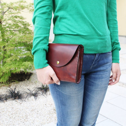 hand stitch + antique brown leather square clutch bag 3枚目の画像