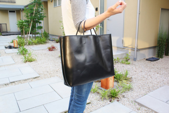 hand stitch + black leather tote bag 2枚目の画像