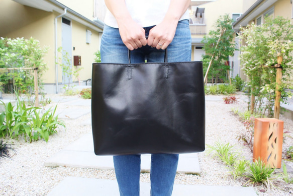 hand stitch + black leather tote bag 3枚目の画像