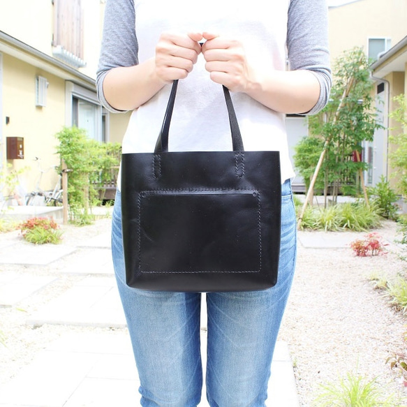 hand stitch + black leather mini tote bag 2枚目の画像