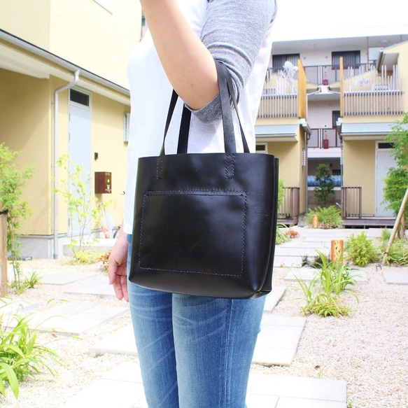 hand stitch + black leather mini tote bag 3枚目の画像