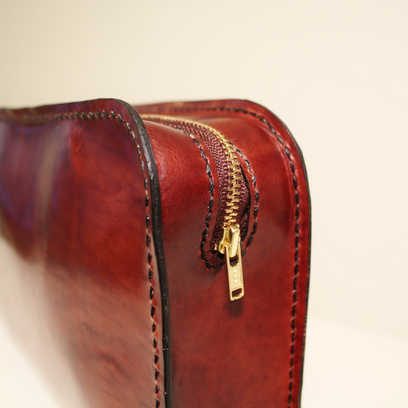 hand stitch + antique brown leather zip clutch bag 4枚目の画像