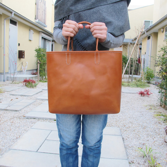 hand stitch + umber leather tote bag 2枚目の画像