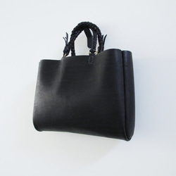 hand stitch + knitting straps black leather tote bag 1枚目の画像