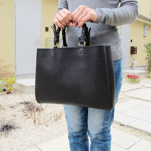 hand stitch + knitting straps black leather tote bag 2枚目の画像