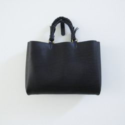 hand stitch + knitting straps black leather tote bag 5枚目の画像