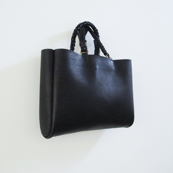 hand stitch + knitting straps black leather tote bag 6枚目の画像