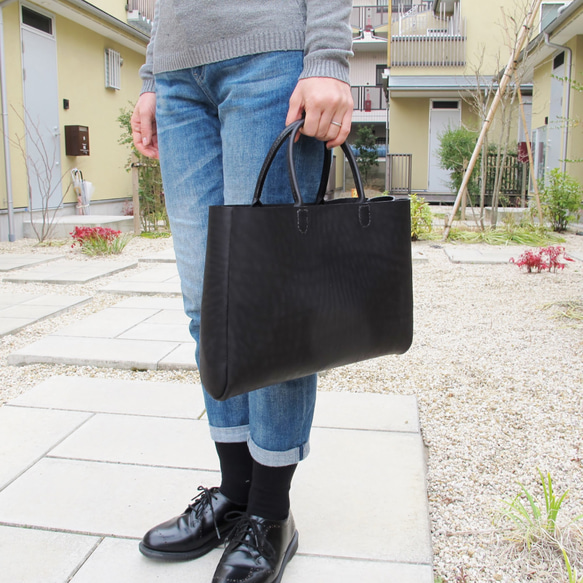 hand stitch + black leather tote bag 4枚目の画像