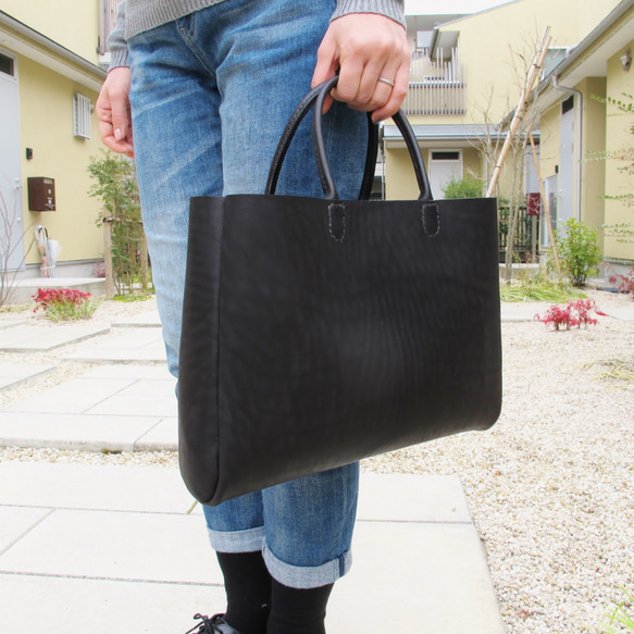 hand stitch + black leather tote bag 5枚目の画像