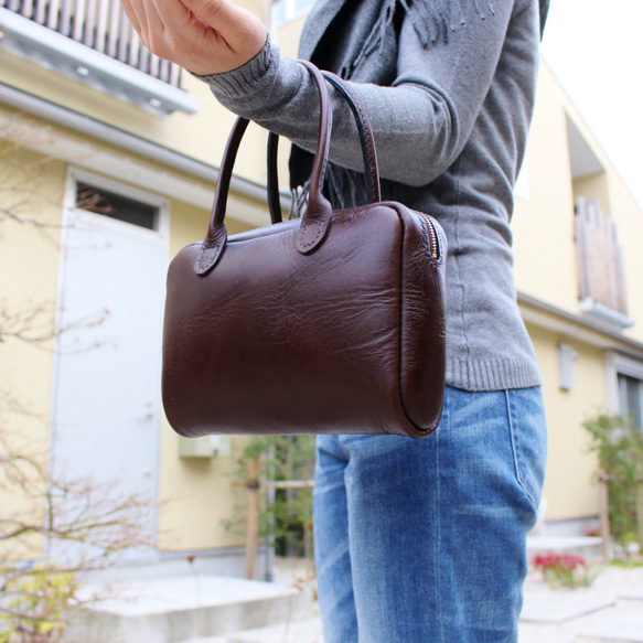 hand stitch + dark brown leather zip hand bag inner sewing 4枚目の画像