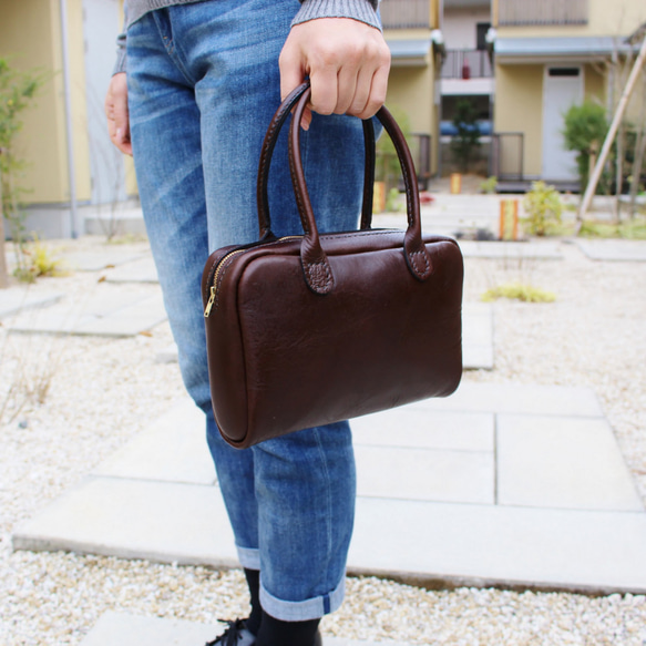 hand stitch + dark brown leather zip hand bag inner sewing 5枚目の画像