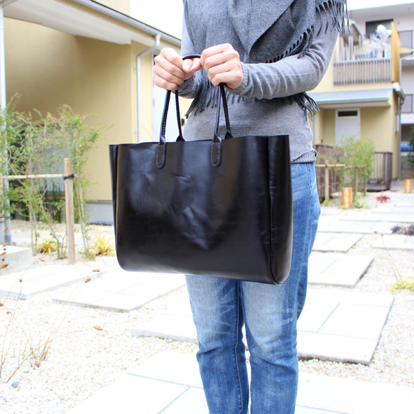 hand stitch + black leather tote bag 3枚目の画像