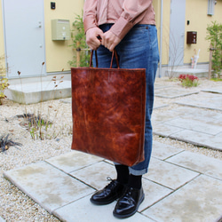 hand stitch + antique brown leather tote bag 3枚目の画像